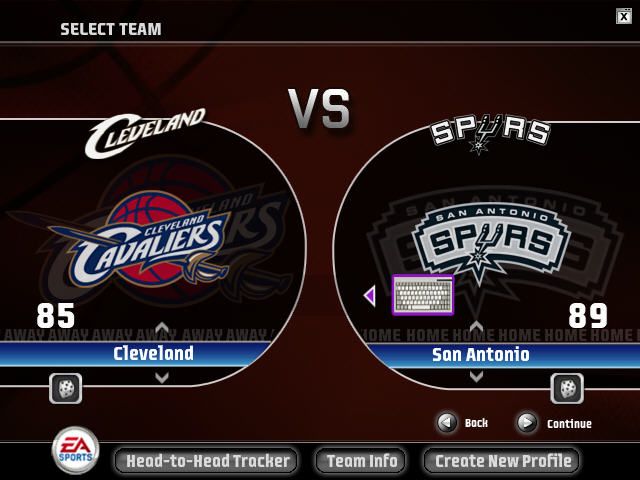 NBA Live 08 (Windows) screenshot: Team selection screen