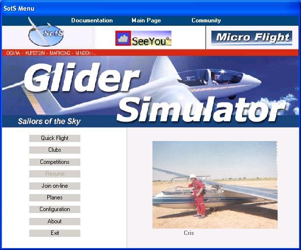 Sailors of the Sky (Windows) screenshot: The title screen and main menu. The menu bar shows the original title Sailors Of The Sky abbreviated to SotS while the main title has been changed to Glider Simulator