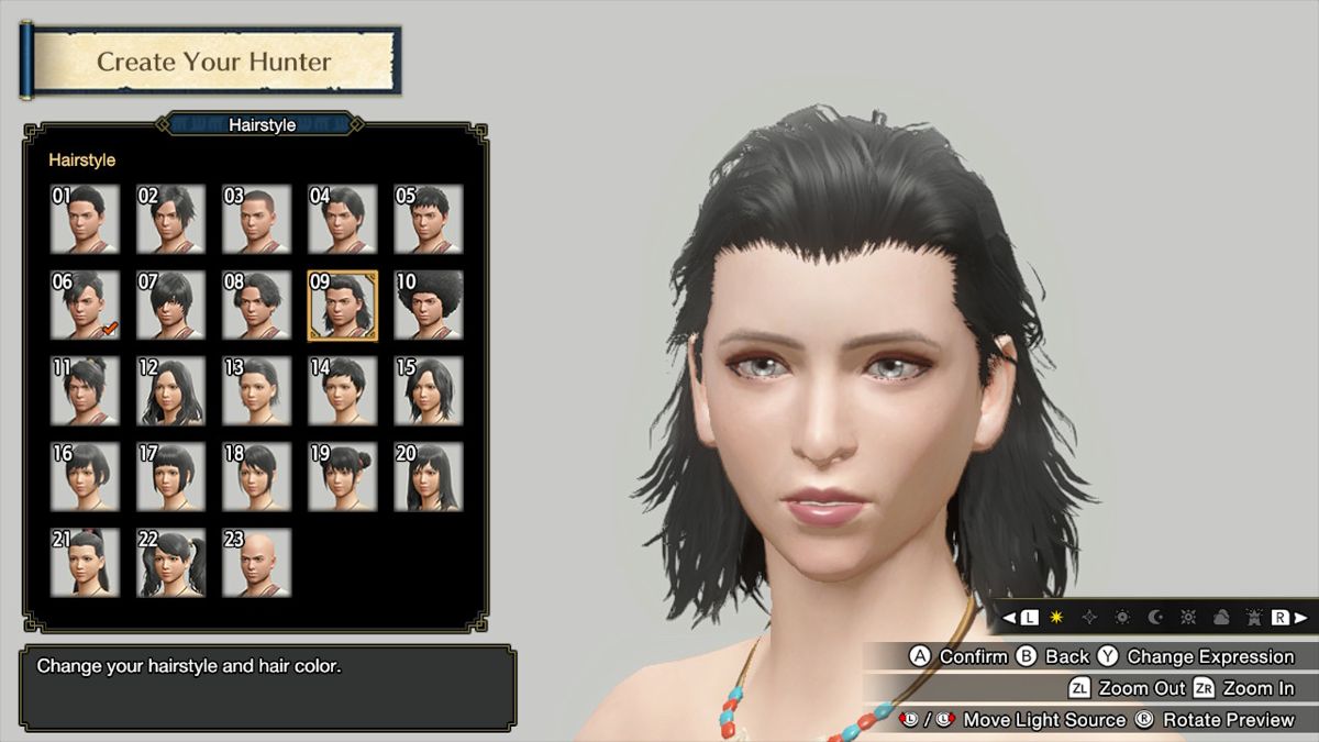 Monster Hunter: Rise (Nintendo Switch) screenshot: Hairstyle selection