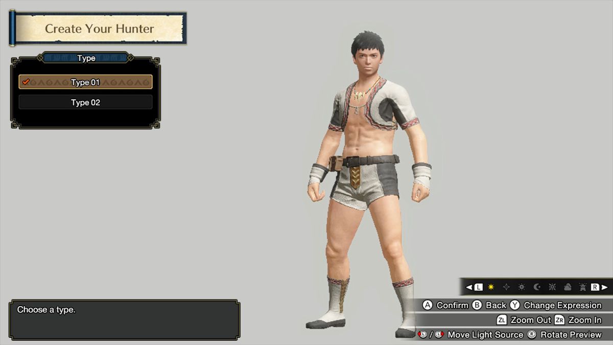 Monster Hunter: Rise (Nintendo Switch) screenshot: Hunter creation screen, male or female