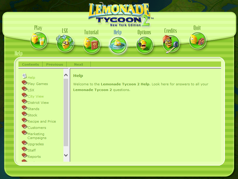 Lemonade Tycoon 2: New York Edition (Windows) screenshot: Help Menu