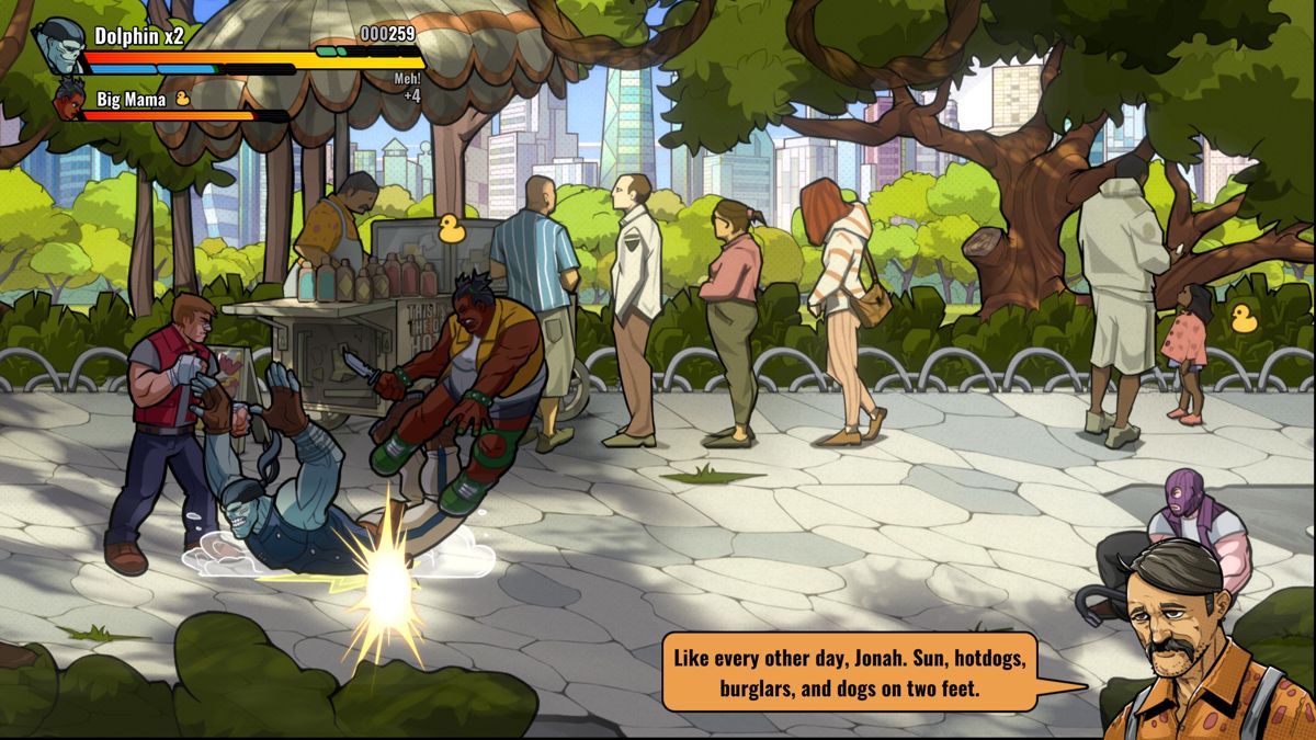 Mayhem Brawler (Windows) screenshot: Dolphin's jumping attack in the park stage.