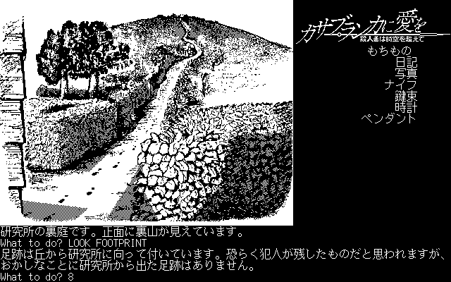 Casablanca ni Ai o: Satsujinsha wa Jikū o Koete (PC-98) screenshot: Following footprints