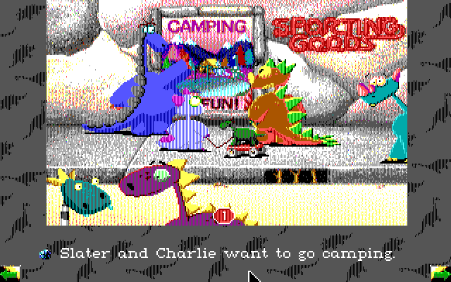Slater & Charlie Go Camping (DOS) screenshot: Reading the caption out (EGA)