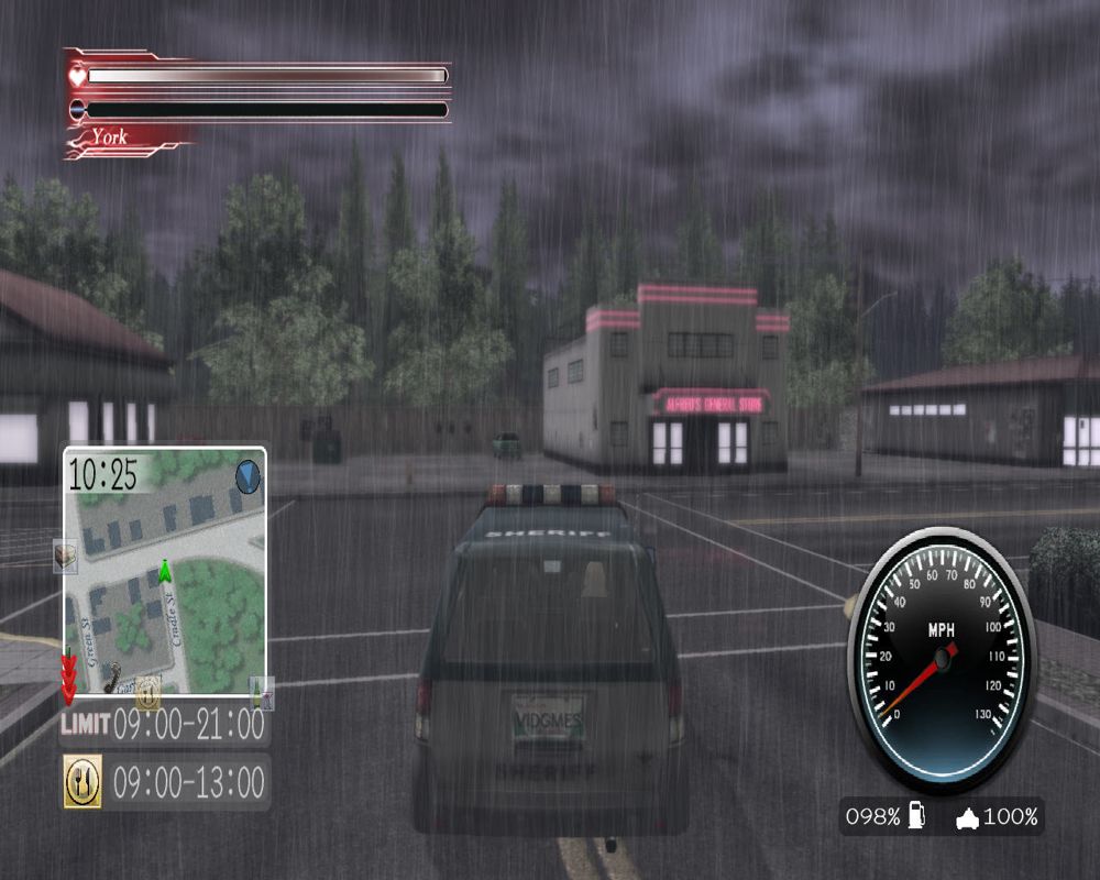 Deadly Premonition: The Director's Cut (Windows) screenshot: When it rains, it pours!.. You drive through the town center. Note the angry skies...