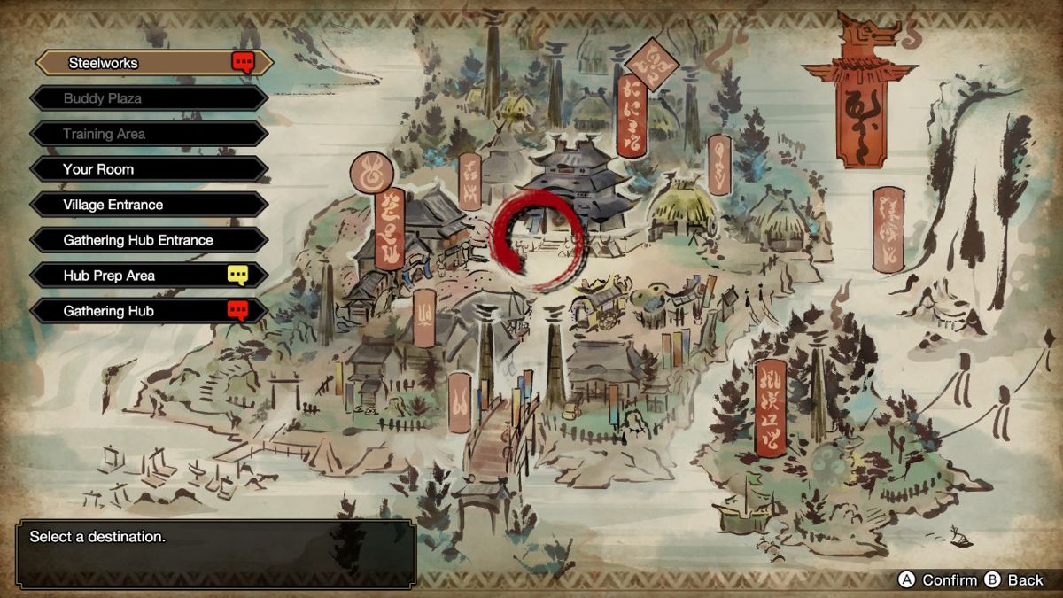 Monster Hunter: Rise (Nintendo Switch) screenshot: Village map lets you quick jump to any of the listed locations