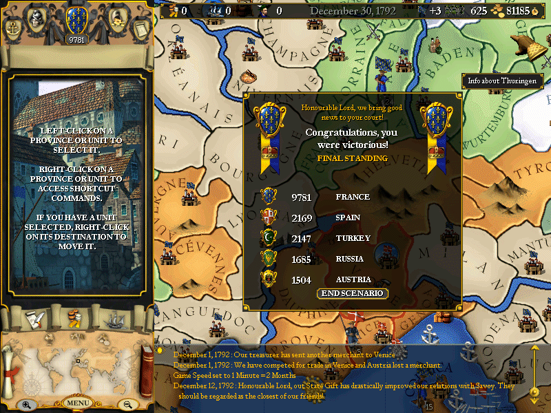 Europa Universalis (Windows) screenshot: France wins!