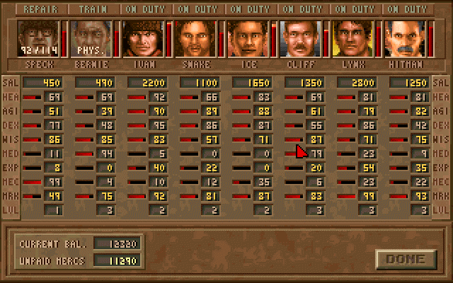 Jagged Alliance: Deadly Games (DOS) screenshot: The list of mercenaries
