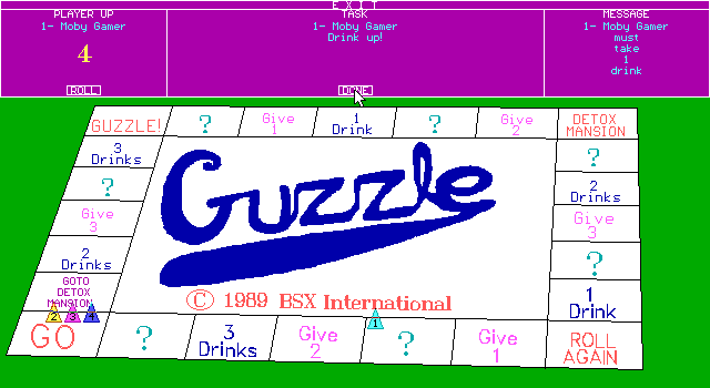 Guzzle (DOS) screenshot: The game begins and Moby Gamer has to down a drink because he/she/me got a question wrong on the first go