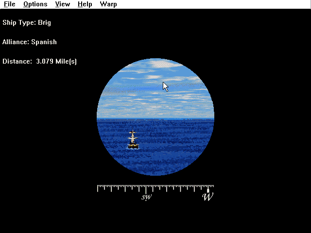 Pirates: Captain's Quest (Windows 3.x) screenshot: It seems our telescope is a smart telescope because it identifies the approaching ship's nationality, type and distance