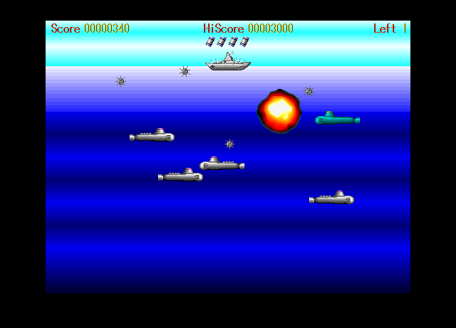 WinDepth (Windows) screenshot: One sub hit by depth charge, defensive mines are floating up from the subs.