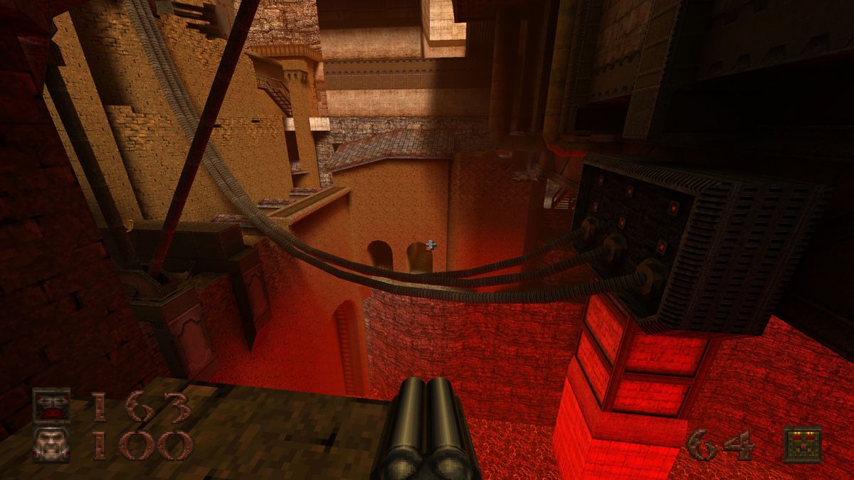 Quake (Windows) screenshot: <i>Dimension of the Machine</i>: many levels encourage free exploration in open areas, leaving the small corridors behind.