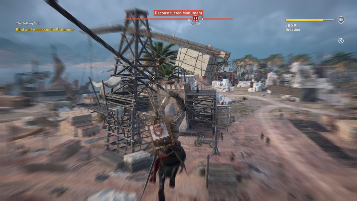 Assassin's Creed: Origins - The Hidden Ones (PlayStation 4) screenshot: Bayek has no trouble sliding down a zip line with his bare hands