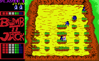 Bomb Jack II (Commodore 64) screenshot: It's possible to push enemy off the ledge