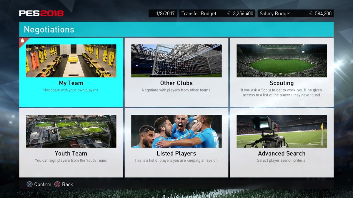 PES 2018: Pro Evolution Soccer (PlayStation 4) screenshot: Negotiations menu