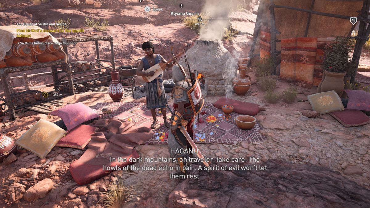 Assassin's Creed: Origins - The Hidden Ones (PlayStation 4) screenshot: Haganu is the local minstrel