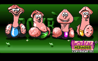 Bomb'X (DOS) screenshot: Title screen with our four ugly protagonists looming in front of the logo (VGA)