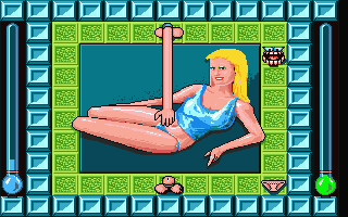 Bomb'X (DOS) screenshot: A multiplayer bonus stage -- the most surreal ever -- where your phalluses reach out with hands on their ends to "kitchy-koo" at flashing items of clothing worn by the model in the middle. (VGA)