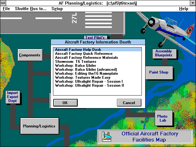 Flight Simulator Flight Shop (Windows 3.x) screenshot: The Information Booth is a drop down menu in the top right of the main screen. This is where the Workshops (aka tutorials) are hidden