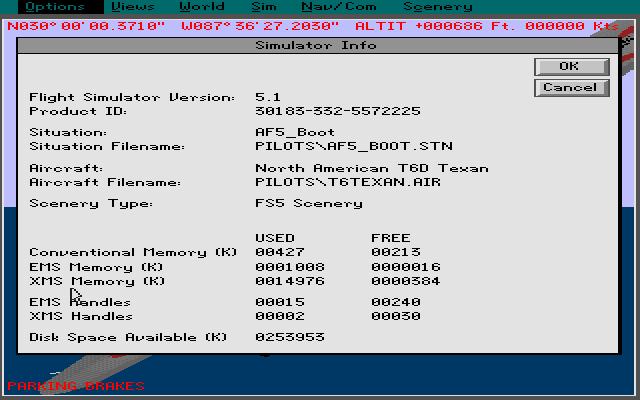 Flight Simulator Flight Shop (Windows 3.x) screenshot: The Flight Simulator information after installation. Here now plane has been created and the sim loads showing it slowly rotating