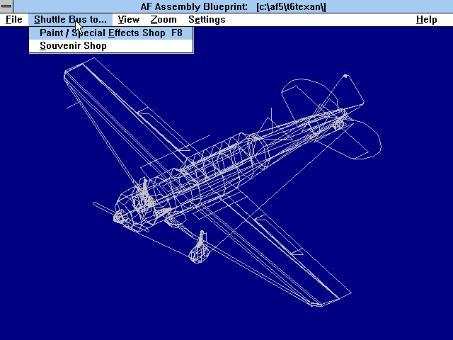 Flight Simulator Flight Shop (Windows 3.x) screenshot: This is a blueprint. Had we been making a new plane we'd have designed each element from scratch, then assembled these into components to create, say, a wing.