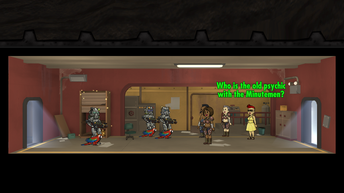 Fallout Shelter (Windows Apps) screenshot: This is the weekly Game Show Gauntlet quest. Give the correct answer and you don't have to fight the raiders.