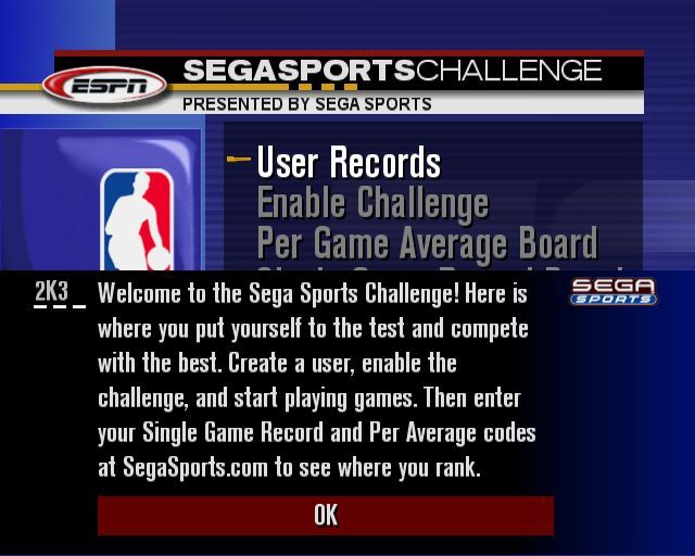 NBA 2K3 (PlayStation 2) screenshot: This is what the Sega Sports Challenge is all about