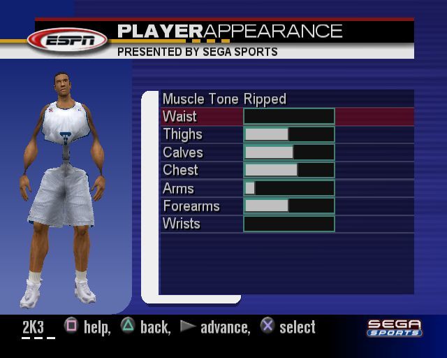 NBA 2K3 (PlayStation 2) screenshot: Roster Manager: Create Player<br>There's a host of features that can be configured from position of ears, colour of left & right armbands etc but some should be used with care