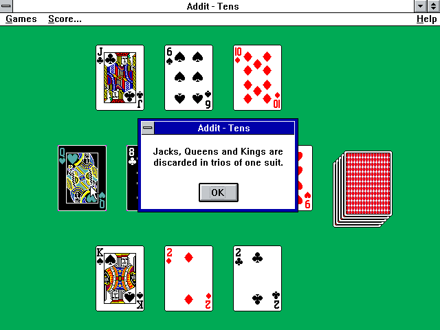 Addit (Windows 3.x) screenshot: Tens: The high cards are removed in a run that must be of the same suit