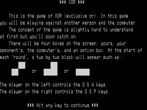 XOR (TRS-80) screenshot: Instructions