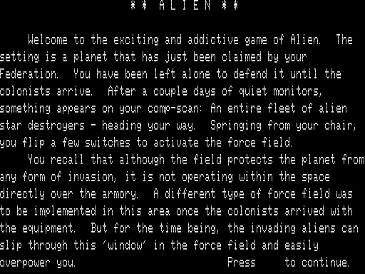 Alien (TRS-80) screenshot: Instructions