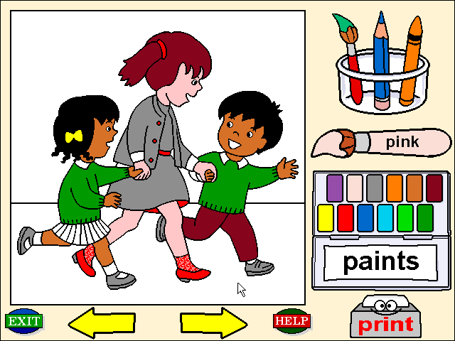 Topsy and Tim Go to School (Windows 3.x) screenshot: The Painting Game: This game opens with an image pre-loaded but this can be changed by clicking on the scroll arrows.