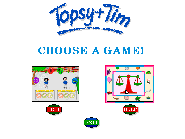 Topsy and Tim Go to School (Windows 3.x) screenshot: The Choose A Game selection screen