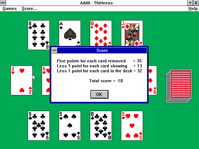 Addit (Windows 3.x) screenshot: Every game is scored but the scores are not preserved and there is no high score table
