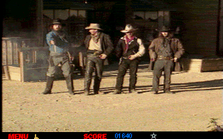 The Last Bounty Hunter (DOS) screenshot: Shootout with 4 cowboys