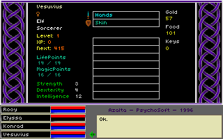 Azalta: Cult of the Raven (DOS) screenshot: Character inventory screen.