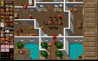 Jagged Alliance: Deadly Games (DOS) screenshot: Mission editor: The red arrows show the doors' status.