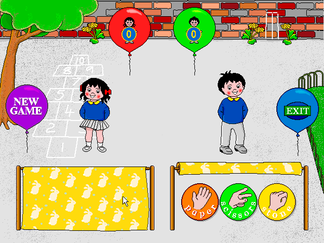 Topsy and Tim Go to School (Windows 3.x) screenshot: Paper-Scissors-Stone: A two player game has been selected. Topsy has made her choice - it's hidden behind the curtain