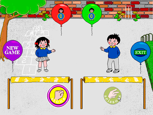 Topsy and Tim Go to School (Windows 3.x) screenshot: Paper-Scissors-Stone: A two player game has been selected. Tim makes his choice which is also hidden. Then both curtains are raised and Topsy's won