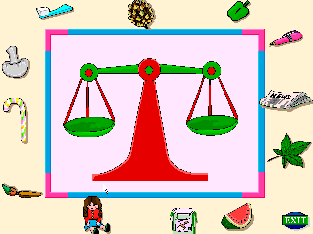 Topsy and Tim Go to School (Windows 3.x) screenshot: The Weighing Game: Objects are dragged onto the scale pans. If the scales balance the objects disappear