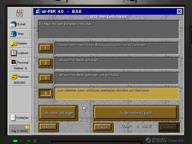 Jagged Alliance 2 (Windows) screenshot: A personality test determines your characters' stats (German version).