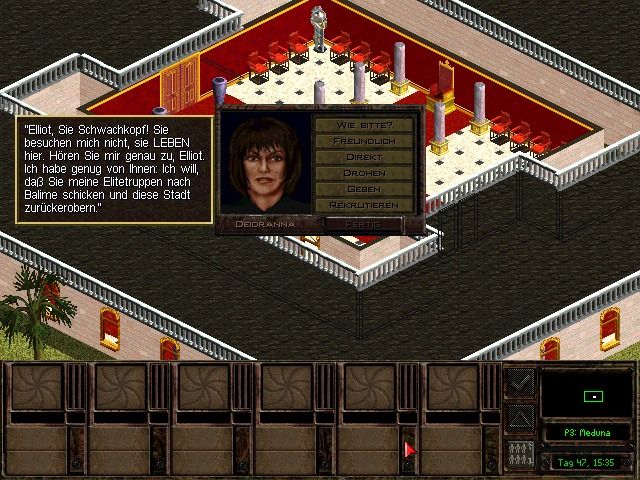 Jagged Alliance 2 (Windows) screenshot: This is your enemy, dictatress Deidranna. She'll get enraged the more sucessfull you are (German version).