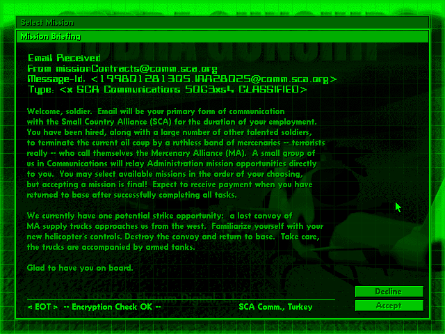 Cobra Gunship (DOS) screenshot: Mission briefing.