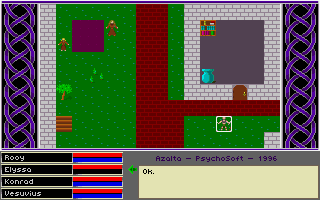 Azalta: Cult of the Raven (DOS) screenshot: A peaceful scene of a family picnic in the town park.