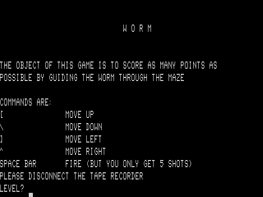 Worm (TRS-80) screenshot: Title Screen