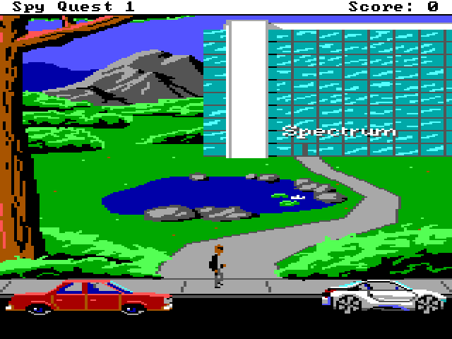 Spy Quest: Chapter 1 - Mission: SPECTRUM (Windows) screenshot: Starting out in the parking lot of Spectrum Enterprises