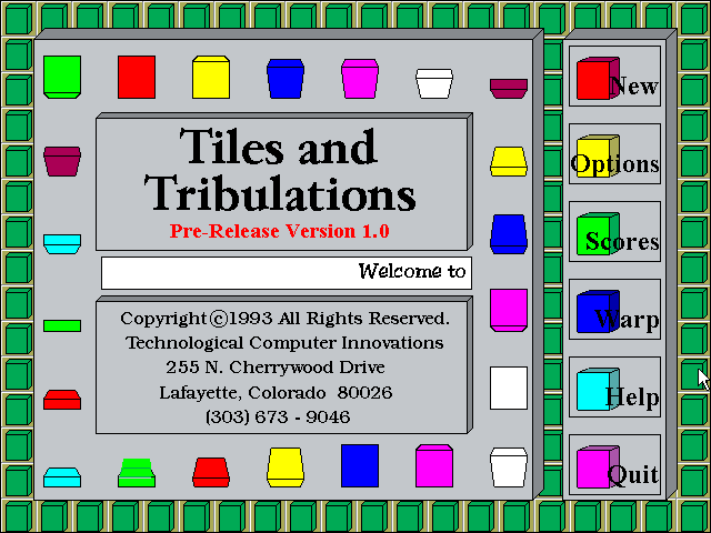 Tiles and Tribulations (Windows 3.x) screenshot: The title screen and main menu. A welcome message and the game's credits scroll right to left across the central white bar