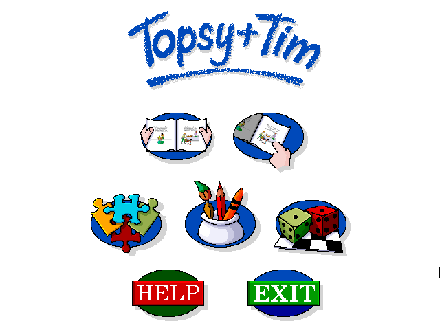 Topsy and Tim Go to School (Windows 3.x) screenshot: The top two icons are the two story modes.<br>The middle row icons are for the jigsaw, the painting and the games activities