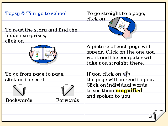 Topsy and Tim Go to School (Windows 3.x) screenshot: Basic instructions. Once this section is opened the player must continue until the EXIT button appears