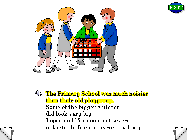 Topsy and Tim Go to School (Windows 3.x) screenshot: This scene really dates the game. The books were written in the 1950's when free school milk was available. This was stopped in the 1970's way before the game was developed